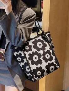 1pc Spring/Summer Vacation Season New Canvas Printed Tote Bag, Large Capacity Handheld Sunflower Versatile Shoulder Bag With Adjustable Dual Handles, Suitable For Daily Commute, Vacation And Other Fashionable Women Bags - Black - View 4