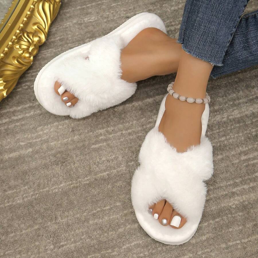 Women's Crossed Strap Fluffy Slippers, Soft And Warm Furry Home Shoes With Open Toe And Comfortable Outdoor Wear, Breathable - trắng - Xem 1