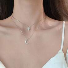 1pc Luxury Design Silver Rhinestone Star & Moon Dual Necklace, Delicate Women Clavicle Chain - Silver - View 6