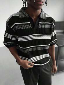 Men's Hollow Out Semi-Sheer Striped Knit Short Sleeve Polo Shirt, Comfortable Breathable Lightweight Knit Top For Casual Wear, Suitable For Vacation And Valentine's Day - màu đen - Xem 13