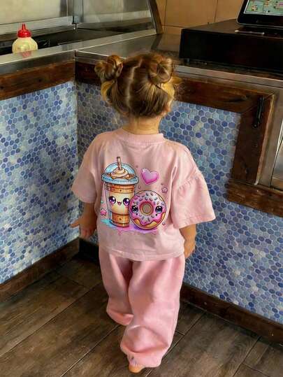 1pc Baby Girls/Boys Casual Cartoon Graphic Letter Slogan Print Basic Round Neck Short Sleeve T-Shirt