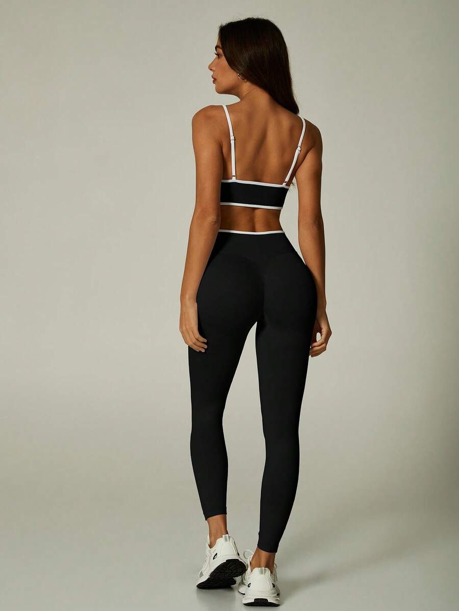 UONNOU Peach Butt-Lifting Fitness Set, Contrast Color V-Neck Spaghetti Strap Sports Bra & Leggings - Black - View 1