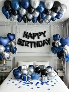 16/60/560件海軍藍黑色生日裝飾 - 生日快樂橫幅 + 心形鋁箔氣球 + 藍黑銀乳膠氣球，適合男性生日派對、暗黑美學派對裝飾、浪漫之夜、週年紀念、飯店驚喜、拍照道具 - 款式一 - 查看 5