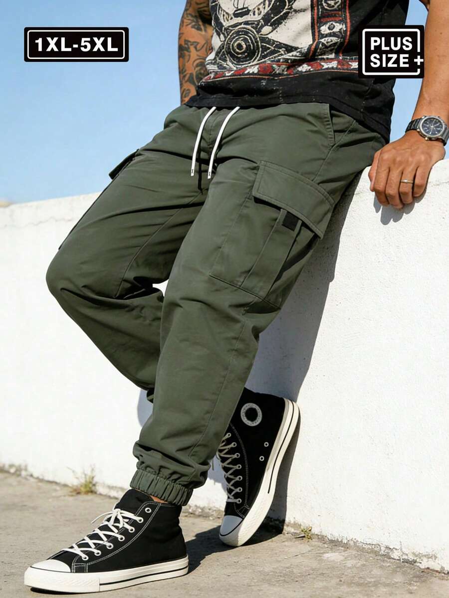 Plus Size Men's Casual Cargo Pants, Drawstring Waist Multi-Pocket Outdoor Sports Pants Fall - Olive Green - View 1