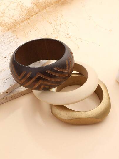 3pcs Geometric Carved Stacking Bangle Bracelets, Wooden Cuff Bracelets, Versatile Accessory For Commuting & Traveling