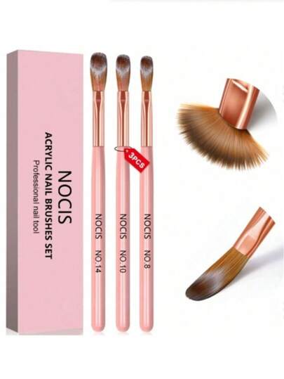 3pcs Acrylic Nail Brush Set - #8/10/14 Kolinsky Acrylic Nail Brushes, Pink Handle, Professional Acrylic Powder Brush, Suitable For Acrylic Nail Extension And 3D Nail Carving