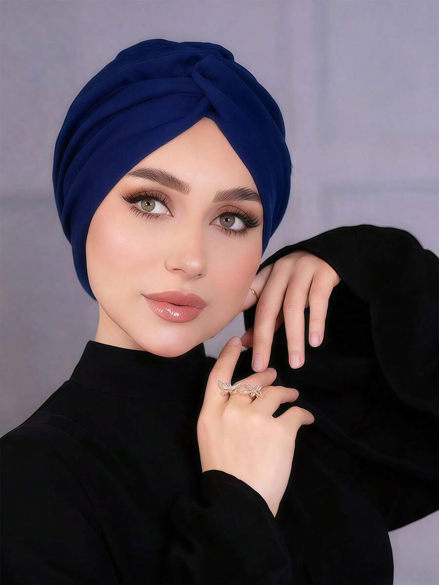 1pc Women's Classic Solid Color Chemo Turban, High Elasticity Pleated Design, Anti-Slip Breathable Headwrap, Multilayer Pleated Style For Hijab Pairing, Soft Comfortable Modal Knit Fabric, Suitable For Daily Wear,Beach,Holiday - Multicolor - View 1