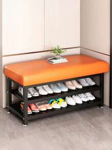 1 Pieza Banco Zapatero con Almacenamiento y Asiento Acolchado, Estilo Moderno Minimalista, Estructura de Hierro Resistente, Perfecto para Vestíbulo de Entrada, Pasillo y Uso Hogareño - Naranja Coral - Ver 2