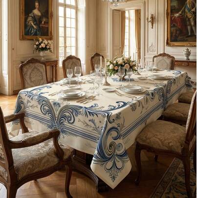 1 chiếc khăn trải bàn màu trắng xanh nhạt tinh tế kiểu Pháp Toile De Jouy & họa tiết hoa cuộn, chất liệu polyester chống thấm nước, chống bám bẩn, chống dầu mỡ, không nhăn, bền chắc, thích hợp cho mọi dịp, quà tặng tân gia, kỷ niệm ngày cưới, trang trí nhà bếp và phòng ăn quanh năm, phụ kiện không thể thiếu cho gia đình và các bữa tiệc.