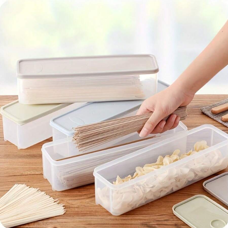 1 pieza Recipiente de almacenamiento de fideos de plástico con tapa, caja de conservación de alimentos, recipiente hermético para cereales y pasta de cocina, estilo moderno - Multicolor - Ver 1