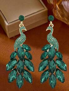 1 Pair Vintage Peacock Design Drop Earrings, 14K Gold Plated Green Crystal Feather Decor, Boho Style Exaggerated Peacock Feather Pendant Earrings, Suitable For Birthday, Holiday And Other Occasions, Summer Fashion Jewelry, Women's Party Gift - One Size - View 10