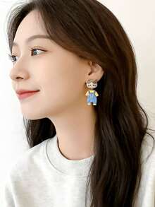 1 Pair Fresh Japanese Style Asymmetric Gray-Brown / Orange-White Cat Head With Blue Overall Bear Print 3D Design Ear Hook Earrings For Women, Daily Commute, Date, Gift Accessory - Multicolor - View 3