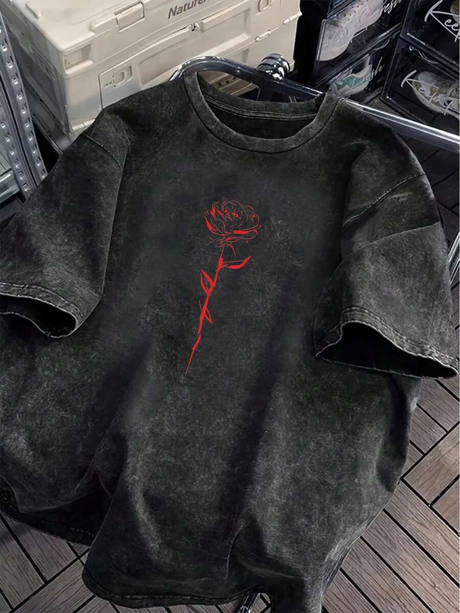 男士多功能夏季圆领短袖T恤（100%水洗面料），休闲印花设计 - 黑色 - 查看 1
