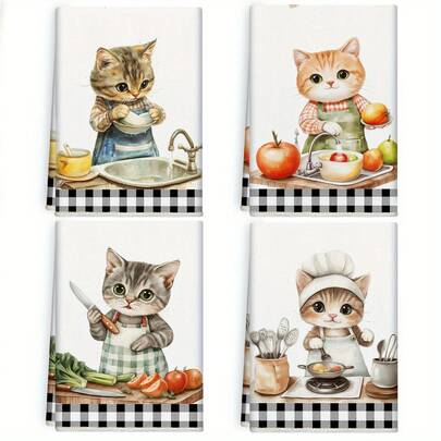 4-Piece Set Of Cute Cat Cooking Pattern Printed Hand Towels, 4-Piece Set Of Cat Kitchen Hand Towels, Cute Cat Home Decoration, Fun Cat Kitchen Dishwashing Cloth, Super Soft And Comfortable, Strong Water Absorption, Suitable For Cleaning, Home Bathroom And Kitchen Decoration, Is An Ideal Choice, Size 60 * 40 Cm.