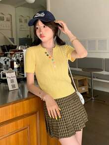 Colorful Button V-Neck Fitted Knit Sweater, Slimming Pullover Top (Button Color Random), Summer - Yellow - View 7