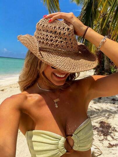1 pieza Sombrero de paja de ala ancha hueco vintage, adecuado para primavera/verano, viajes al aire libre, vacaciones, playa, tejido a mano, transpirable, con protección UV, sombrero de vaquero de Panamá para hombres y mujeres