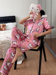 Sanrio Hello Kitty 2026 短款與長款絲綢睡衣套裝，短袖前扣領口蝴蝶結卡通可愛款，前扣口袋對比飾邊 - 粉色 - 查看 5