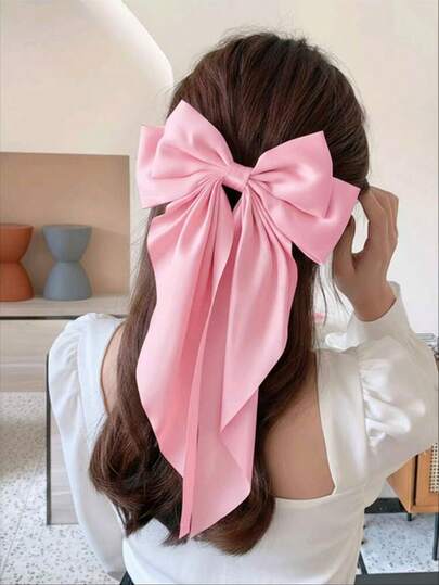 1 chiếc kẹp tóc nơ lớn kiểu Pháp lãng mạn bằng satin, kẹp tóc nơ dài mềm mại, dễ thương với đuôi dài dành cho phụ nữ, phụ kiện tóc màu hồng thanh lịch cho hàng ngày, tiệc cưới, phù dâu, kẹp tóc chống trượt phía sau dành cho tóc dày và mỏng.