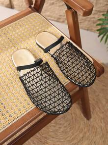 Fashionable Wide Mesh Woven Hollow Roman Sandals, Women's Flat Round Toe New Fisherman Mules - Black - View 4