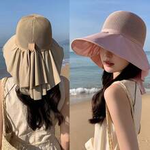 女士二合一沙滩遮阳帽，带面罩，可折叠宽檐夏季防紫外线帽，适合钓鱼、徒步、旅行、露营、度假等场合。 - A - 查看 5