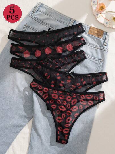 5pcs/Set Sexy Mesh Women's Thong Panties, Black & Red Design, Charming & Comfortable Ladies Underwear