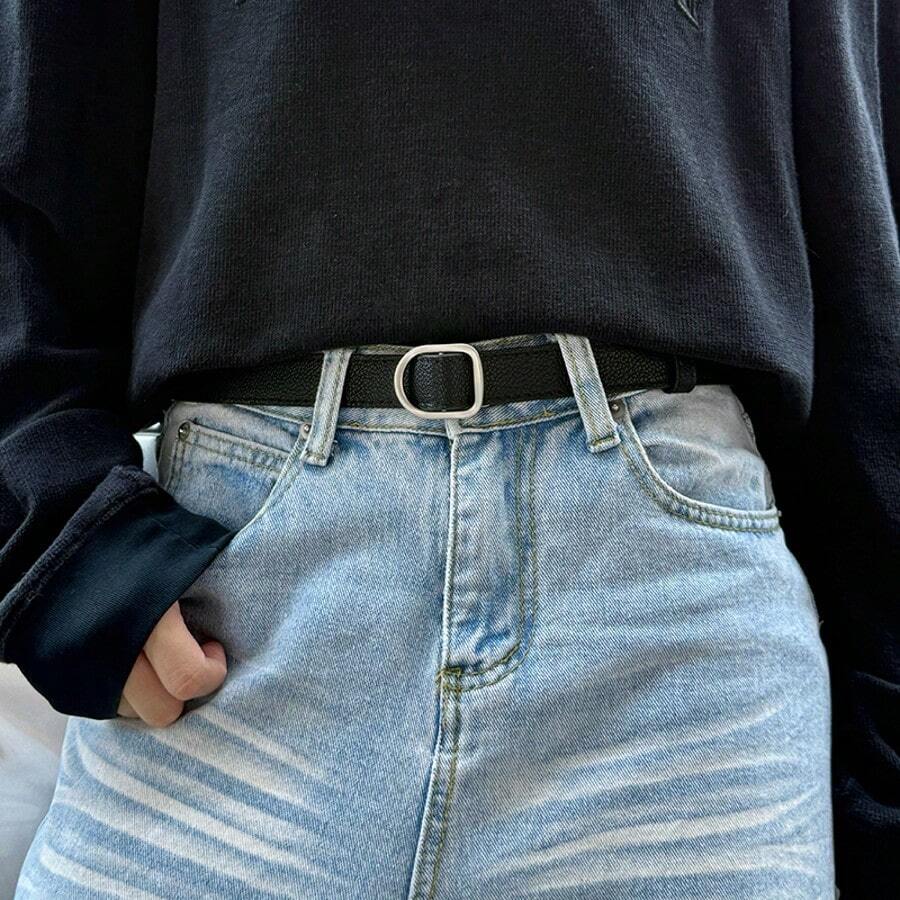 女士腰带，椭圆形紧凑合金扣，休闲无孔设计，适合搭配牛仔裤 - 黑色 - 查看 1