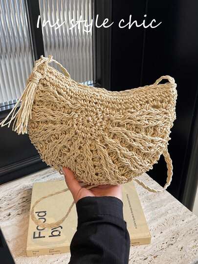 Túi rơm nửa tròn cho nữ, túi đeo vai mây đi biển mùa hè, túi xách tay đan móc có khóa kéo, túi đeo chéo, túi xách tay phong cách Bohemia, túi đi biển đan tay Bohemia có tua rua, túi du lịch khoét rỗng đan móc, túi xách tay, túi đeo nách, đan móc, túi đi nghỉ mát