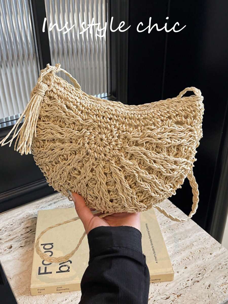 女士半圆形草编包，夏季沙滩藤编单肩包，拉链编织斜挎包，波西米亚风度假夏季手工编织沙滩包，带流苏，钩针镂空旅行手提包，腋下包，钩针编织，假日 - 米色 - 查看 1