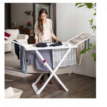 Stendibiancheria pieghevole bianco con alette, realizzato in resina resistente, con meccanismo di bloccaggio. Ideale per la casa, il balcone e gli spazi esterni.