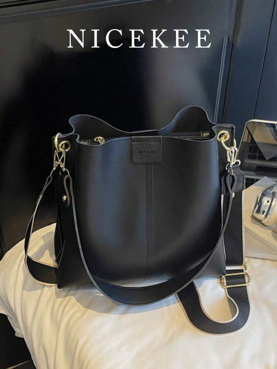Korean High-End Versatile Bucket Bag, Fashionable And Solid Color Shoulder Bag, Retro And Niche Design, Women's Shoulder Bag Suitable For Work, Commuting, Daily Outings, Shopping And Dating - Black - View 1