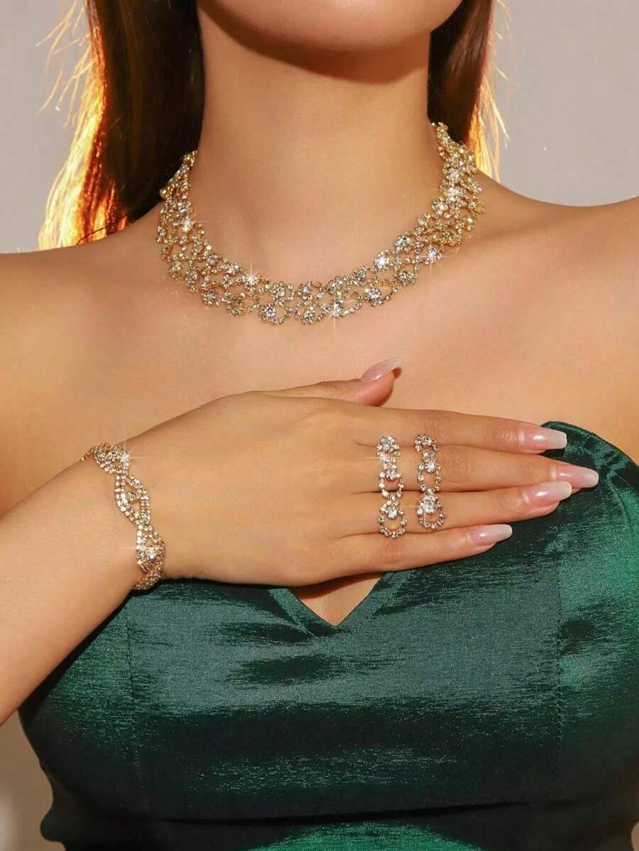 4 piezas Conjunto de joyería de collar, aretes y pulsera con onda de rhinestone de lujo, accesorios elegantes y versátiles adecuados para uso diario, boda, fiesta, regalo - Dorado - Ver 1