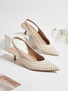 Giày sandal cao gót mũi nhọn bằng satin chấm bi đa năng, thanh lịch, kiểu dáng retro dành cho nữ, phù hợp cho đám cưới, đi làm, hẹn hò, dự tiệc, kỳ nghỉ. - Màu be - Xem 1
