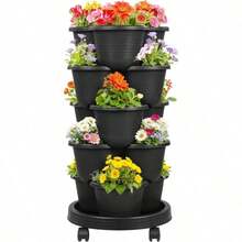 5 Tier Vertical Stackable Planter With Wheels & Self Watering System 3-Lobe Tower Movable Garden Plant Pots For Strawberries Herbs Flowers & Vegetables Space Saving Outdoor Planter For Balcony Patio Courtyard & Garden Decor Effect - A - View 16
