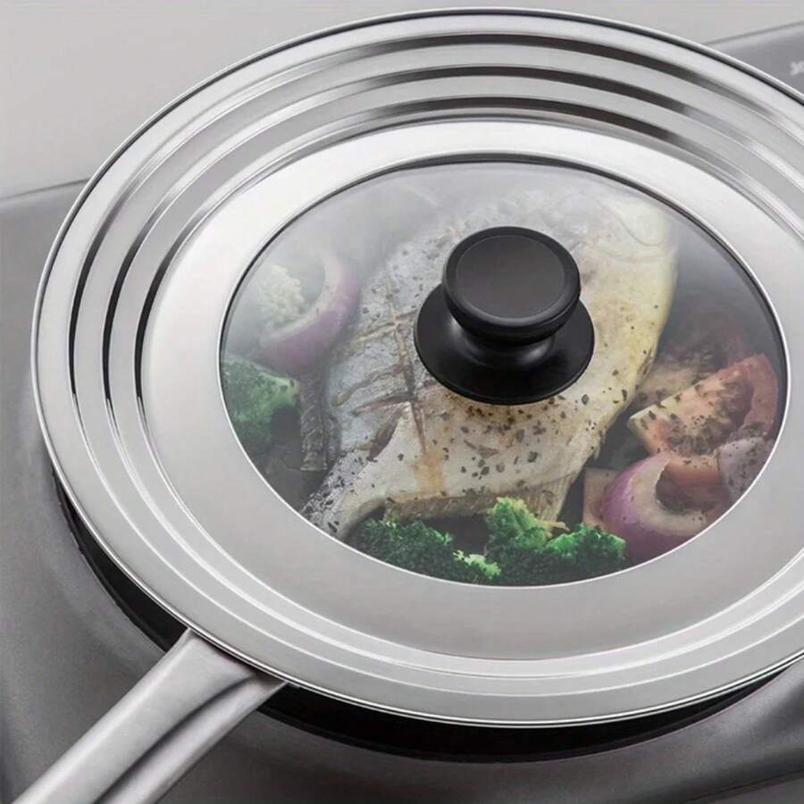 Tapa de olla de cocina redonda Universal con marco de acero inoxidable a prueba de derrames con vidrio para hoteles y restaurantes - Funda multiusos - Ver 1