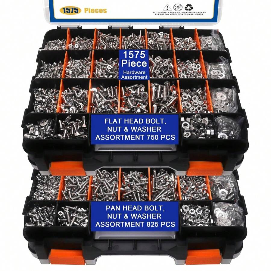 1575 Piece Stainless Steel Screw Fastener Assortment Kit With Dual Sided Organizer Box Durable Phillips Pan Head Flat Head Screws Nuts Washers For Diy Repairs - Orange - View 1