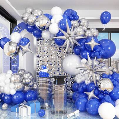 94pcs Blue White Silver Balloon Arch Kit With Explosion Star 4D Silver Foil Balloons Royal Blue Metallic Silver White Balloon Garland For Blue 2026 Graduation Decoration Birthday Babyshower Party