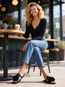 女士圆头平底凉鞋，饰有3D立体花卉图案，露趾套脚穆勒鞋，夏季度假风休闲沙滩拖鞋，纯色 - 黑色A - 查看 11