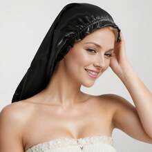 1pc Women's Minimalist Satin Sleep Cap, Soft Elastic Band, Ruffle Trim Long Tube Hair Bonnet For Home Hair Care - Multicolor - View 6