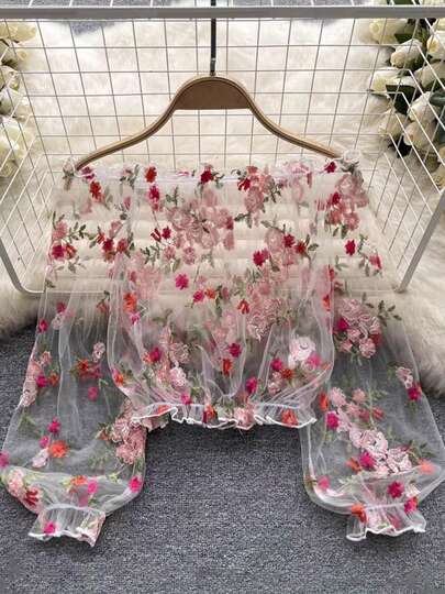 Off-Shoulder Mesh Embroidered Sheer Cover Up, Loose Fit Petal Sleeve Crop Top Lace Shirt For Summer Casual Spring White