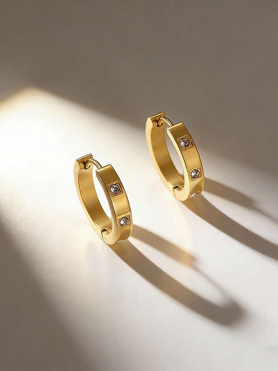 JOJELOO 1 Pair 18K Gold Plated Cubic Zirconia Earrings, Women's Minimalist Inlaid Small Round Hoop Snap Earrings, Delicate Daily Layering Ear Jewelry Gift