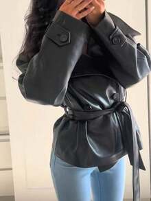 Women's Solid Color PU Leather Long Sleeve Single-Breasted Tie Waist Jacket, Fashionable Casual For Autumn/Winter Black - Black - View 3