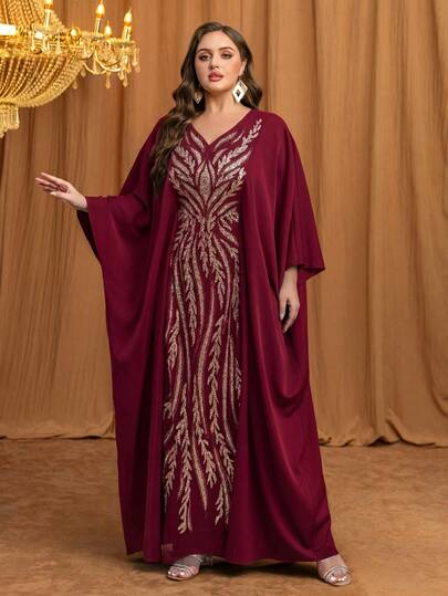  UNITHORSE Women's Plus Size V-Neck Batwing Sleeve Long Dress, New Luxury High-End Elegant Sequin Lace Splice Matte Satin Ladies Robe Dress Spring