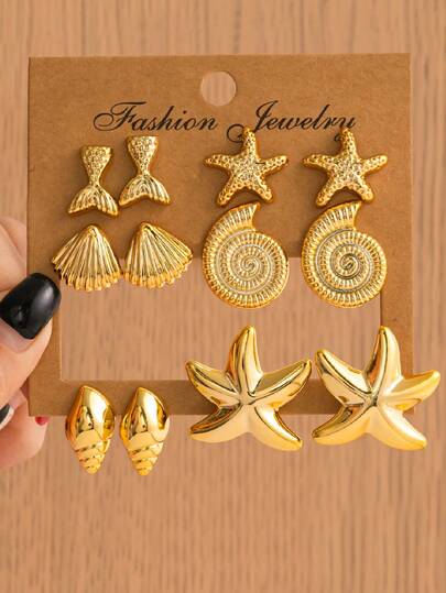 2-12 piezas Pendientes de botón con diseños de estrella de mar, cola de pez, concha y caracol, adecuados para uso diario, viajes y vacaciones (hechos de resina ABS)