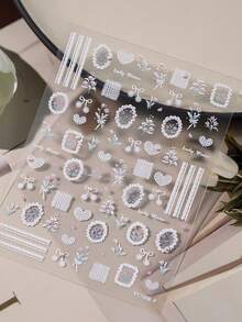 1pc 5D Embossed Lace Flower Nail Stickers, Heart Pearl Self-Adhesive Nail Art Decals For DIY Manicure - Multicolor - View 4
