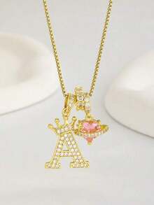 1pc Minimalist Luxury Cubic Zirconia Pink Heart Gemstone Personalized Crown Letter Pendant Necklace, Stainless Steel Material, Suitable For Women's Daily Wear, Valentine's Day/Birthday Gift - 黃金2 - 查看 12