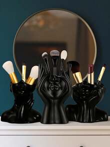 1 Piece Artistic Storage Caddy Black Makeup Brush Holder Human Face Hands Shaped Organizer Pen Container Decorative Vase Vanity Table Accent Bathroom Counter Display Office Desk Decor Dorm Essential Bridesmaid Present Birthday Gift Aesthetic Touch - Black - View 7
