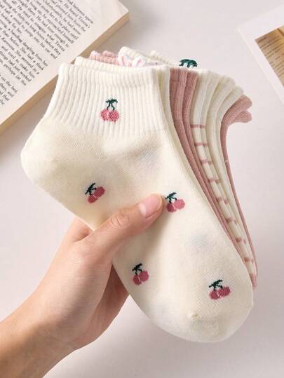 1/5 Pairs Of Women's Cherry Bunny Fashionable Low Cut Socks For Spring, Summer, And Autumn, Soft, Comfortable, Breathable, Versatile, Cute, And Casual, Suitable For Daily Outings And Gatherings