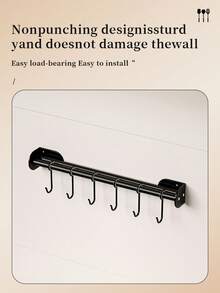 1pc Kitchen Wall Hanger Rack, Multifunctional Wallmount Hooks Without Drilling, Home Storage Organizer For Kitchenware Kitchen Items Kitchen Accessories Kitchen Tools - Black - View 10