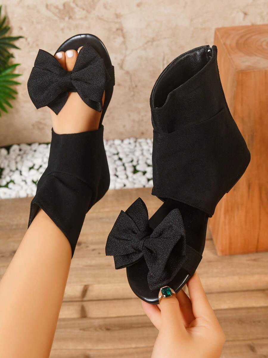 Giày sandal cao cổ kiểu La Mã thắt nơ mùa hè mới cho nữ, đế bằng, khóa kéo phía sau, kiểu dáng thường ngày, đa năng, phù hợp đi làm. - màu đen - Xem 1
