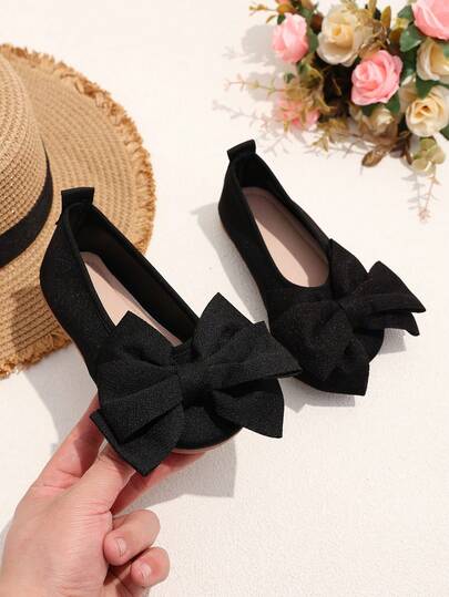 زوج من أحذية بنات الرضع/الأطفال المسطحة باللون الأسود، قماش مريح بلون أحادي مزين بفيونكة، تصميم بنمط ماري جين بوهيمي جميل، مناسب للاستخدام اليومي العادي والأعياد والمدرسة والحفلات، داخل المنزل وخارجه، تصميم خفيف مانع للانزلاق